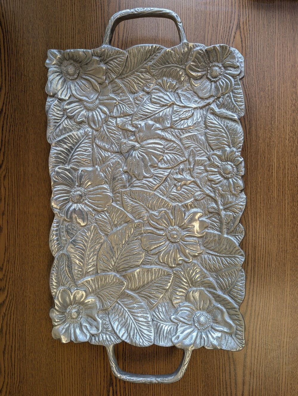 Forged Aluminum Serving Tray Hand Crafted Embossed Dogwood Floral - India